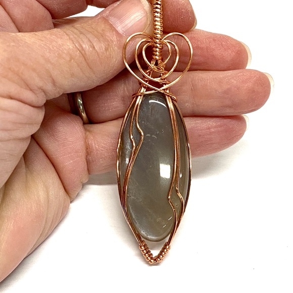 HANDCRAFTED Gray Moonstone Hand Wrapped Copper Pendant, Artisan Jewelry Gift - Picture 8 of 10